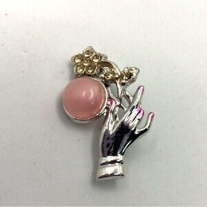 Flower Brooch Pin Silver Tone Hand Holding Pink Dainty Delicate Vintage gift